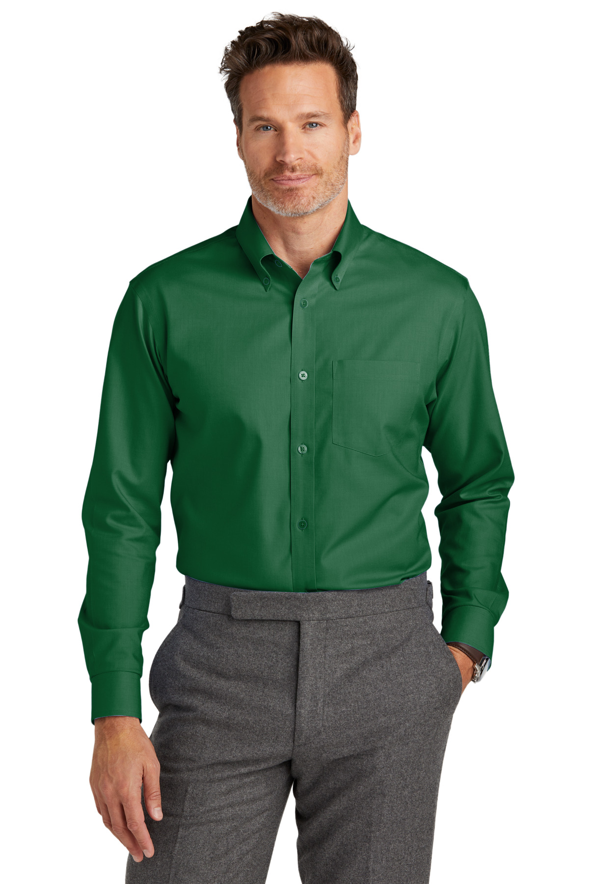 BB18002_clubgreen_model_front-1.jpg Brooks Brothers Wrinkle-Free Stretch Nailhead Shirt BB18002 - Image 1