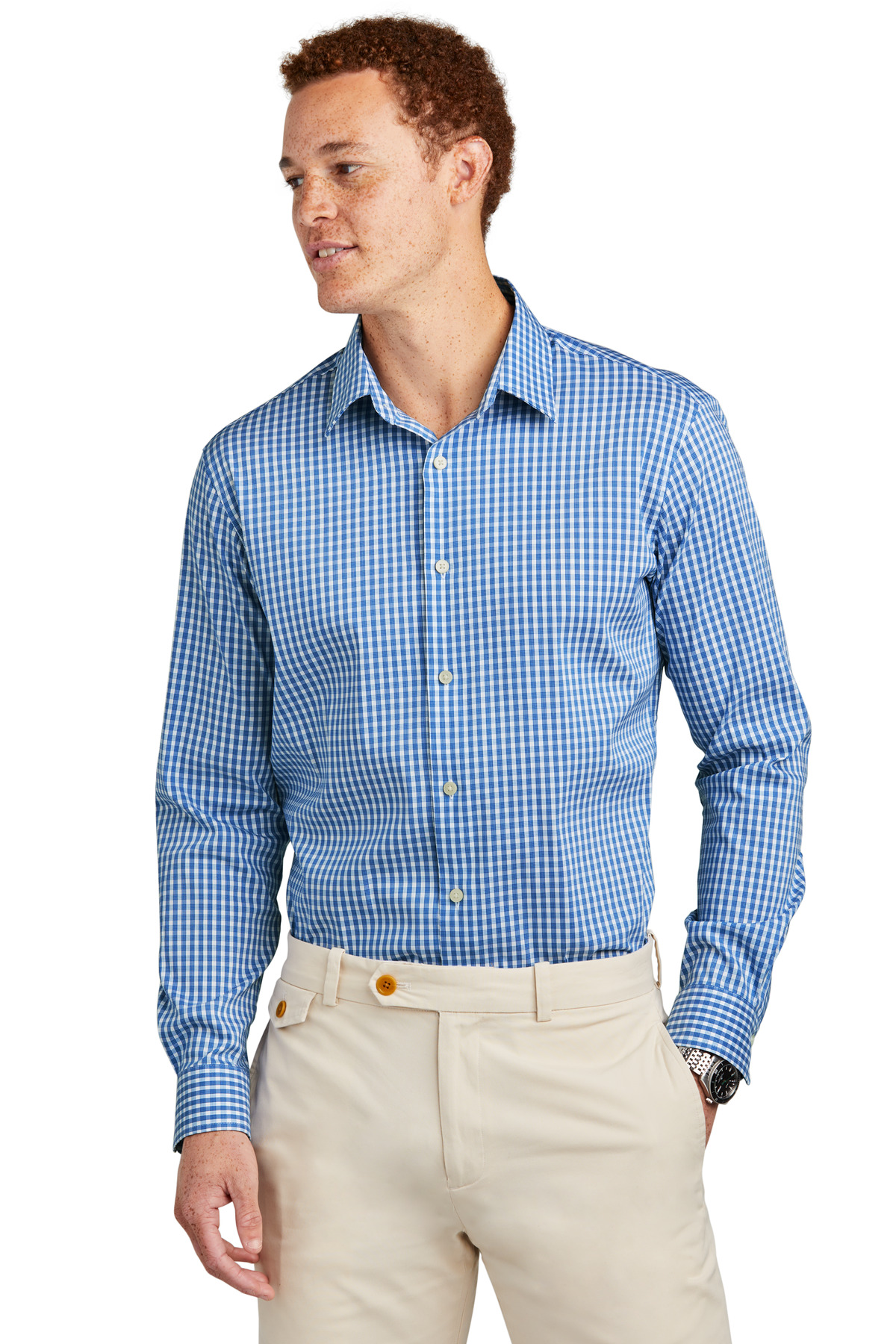 BB18006_charterbluecheck_model_front-1.jpg Brooks Brothers Tech Stretch Patterned Shirt BB18006 - Image 1