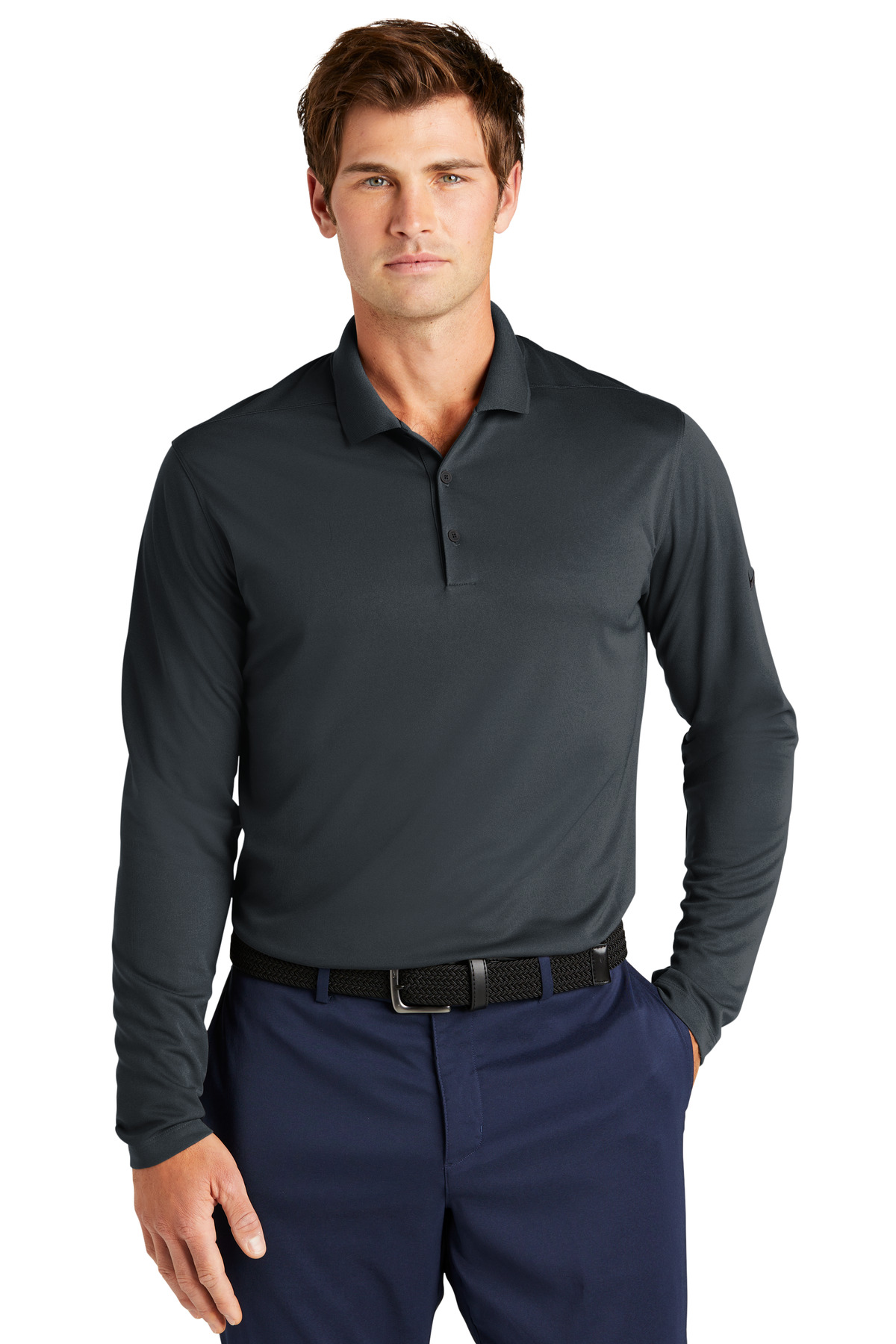 NKDC2104_anthracite_model_front.jpg Nike Dri-FIT Micro Pique 2.0 Long Sleeve Polo NKDC2104 - Image 1