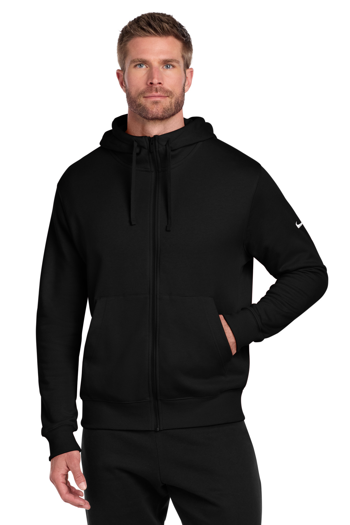 NKDR1513_black_model_front.jpg Nike Club Fleece Sleeve Swoosh Full-Zip Hoodie NKDR1513 - Image 1