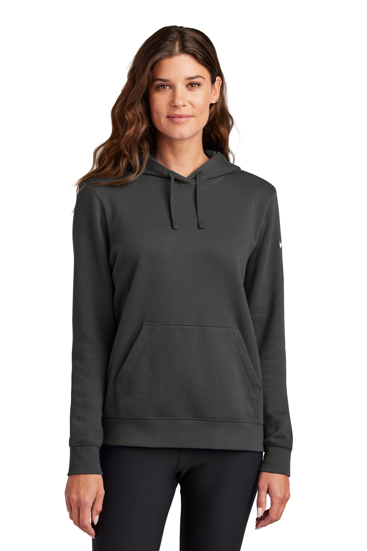 NKFD9889_ANTHRACITE_Model_Front.jpg Nike Women's Club Fleece Sleeve Swoosh Pullover Hoodie NKFD9889 - Image 1