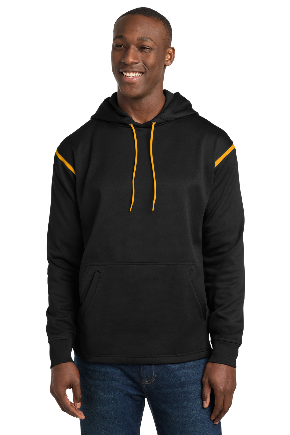 F246_blackgold_model_front.jpg Sport-Tek Tech Fleece Colorblock Hooded Sweatshirt - Image 1