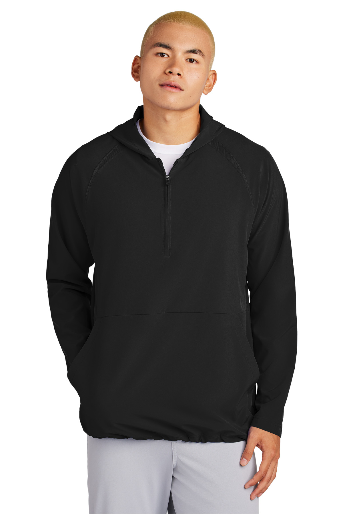 JST488_BLACK_Model_Front.jpg Sport-Tek Repeat 1/2-Zip Long Sleeve Hooded Jacket JST488 - Image 1