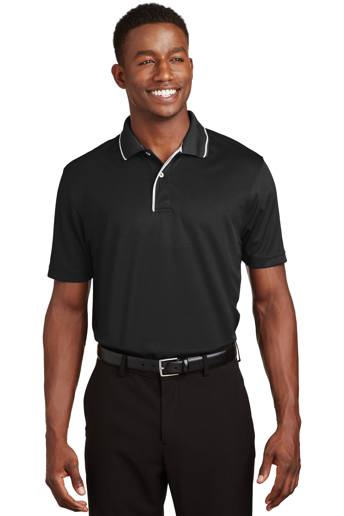 K467_blackwhite_model_front_102016.jpg Sport-Tek Dri-Mesh Polo with Tipped Collar and Piping - Image 1