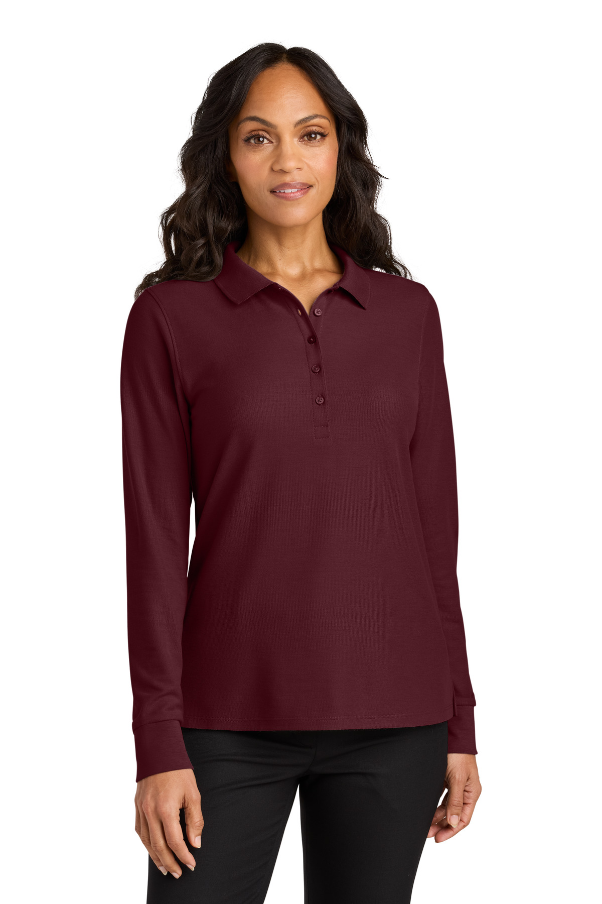 LK200LS_burgundy_model_front.jpg Port Authority Women's Wearever Signature Pique Long Sleeve Polo LK200LS - Image 1