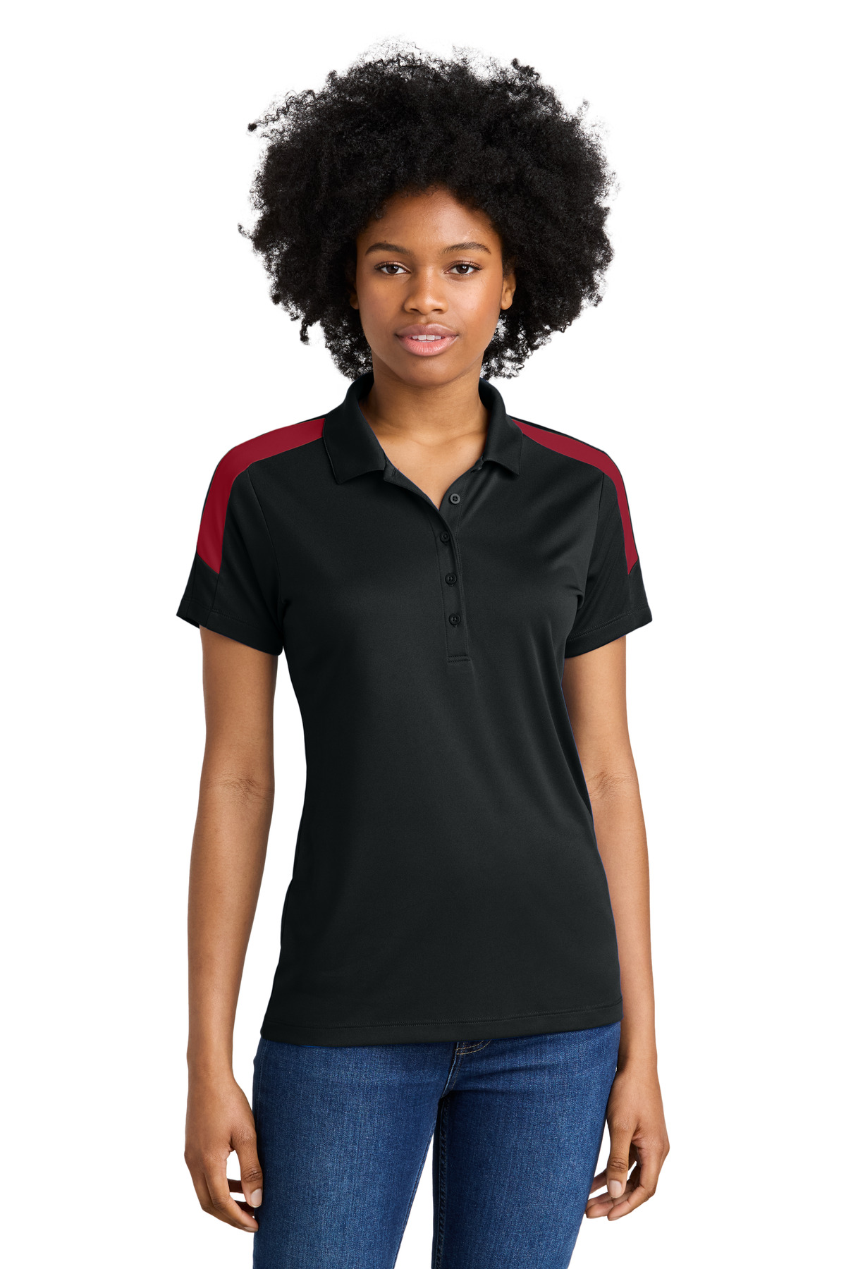 LST104_blackdeepred_model_front.jpg Sport-Tek Women's Competitor ™ United Polo LST104 - Image 1