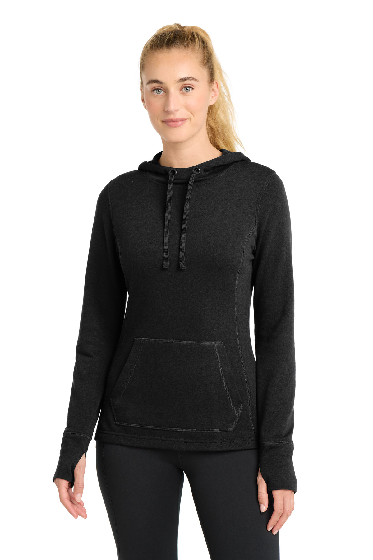LST296_blacktriadsolid_model_front.jpg Sport-Tek Women's PosiCharge Tri-Blend Wicking Fleece Hooded Pullover - Image 1