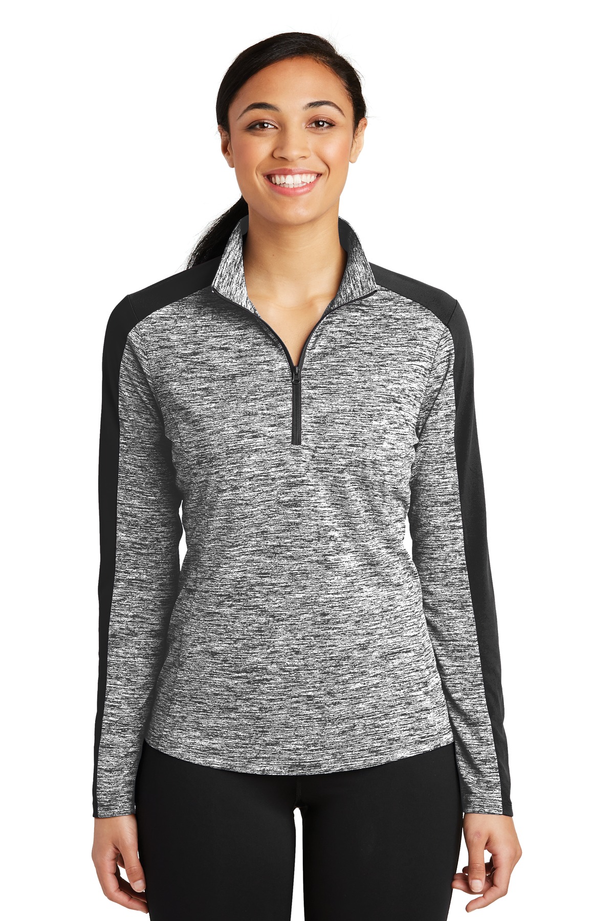 LST397_blackelectric_model_front_072017.jpg Sport-Tek Women's PosiCharge Electric Heather Colorblock 1/4-Zip Pullover - Image 1