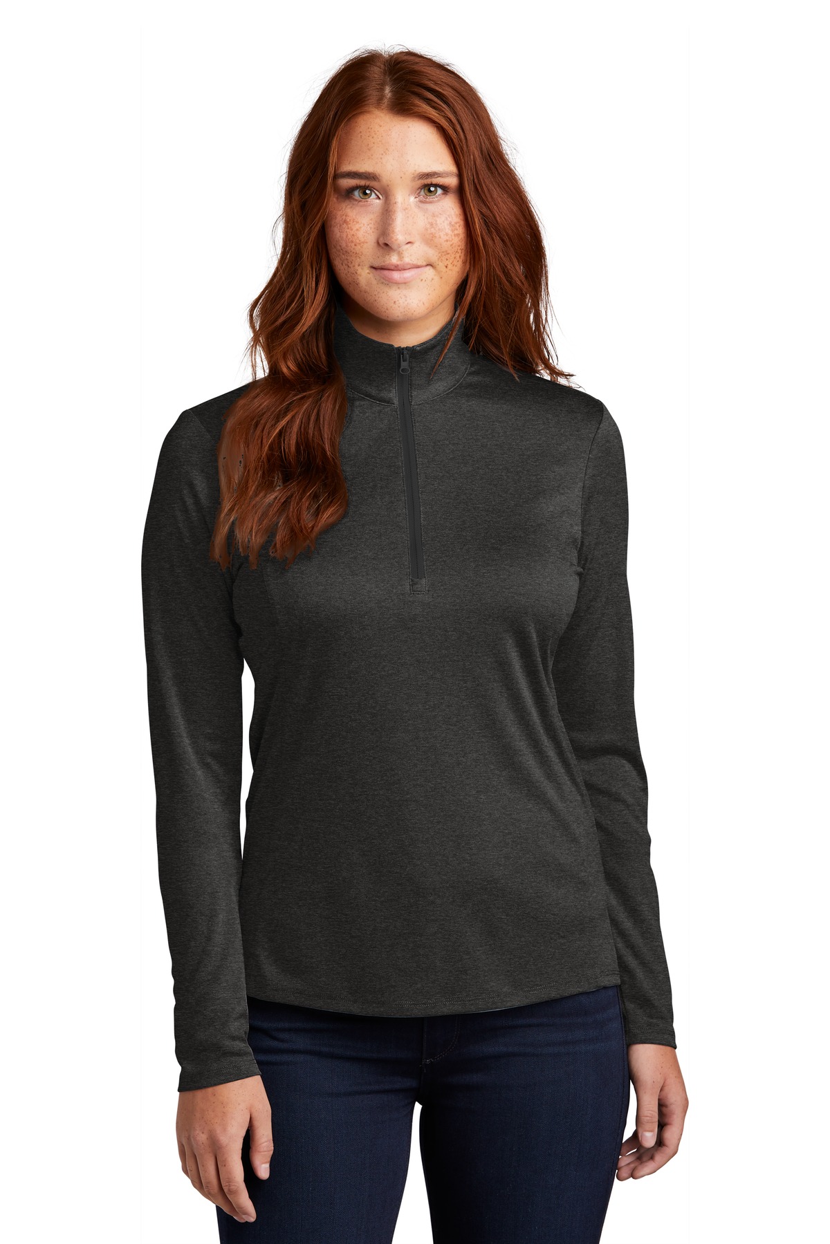 LST469_blackhthr_model_front_112019.jpg Sport-Tek Women's Endeavor 1/2-Zip Pullover - Image 1