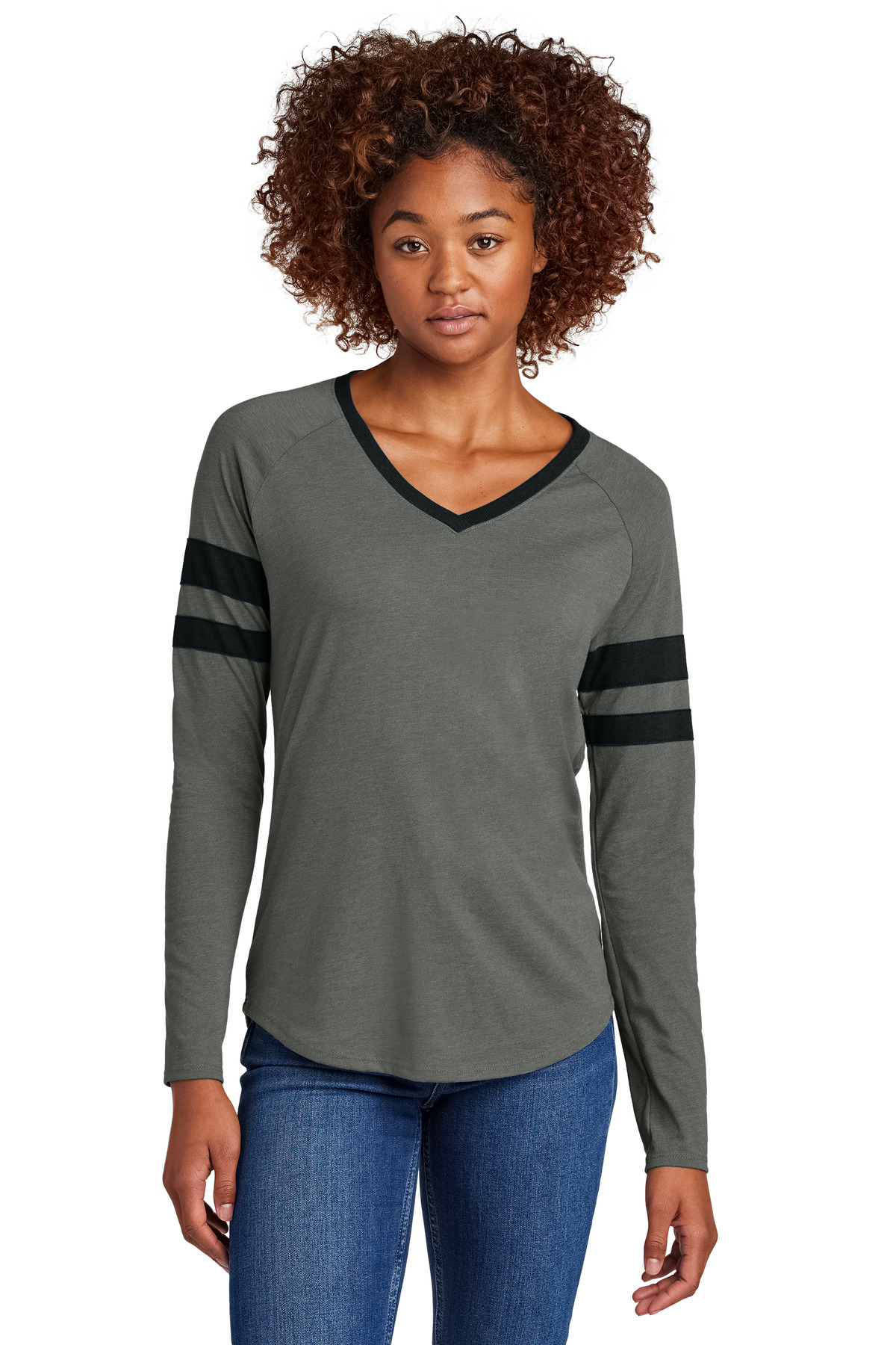 LST6043_blackvintageheather_model_front.jpg Sport-Tek Women's Halftime Stripe Long Sleeve V-Neck Tee LST6043 - Image 1