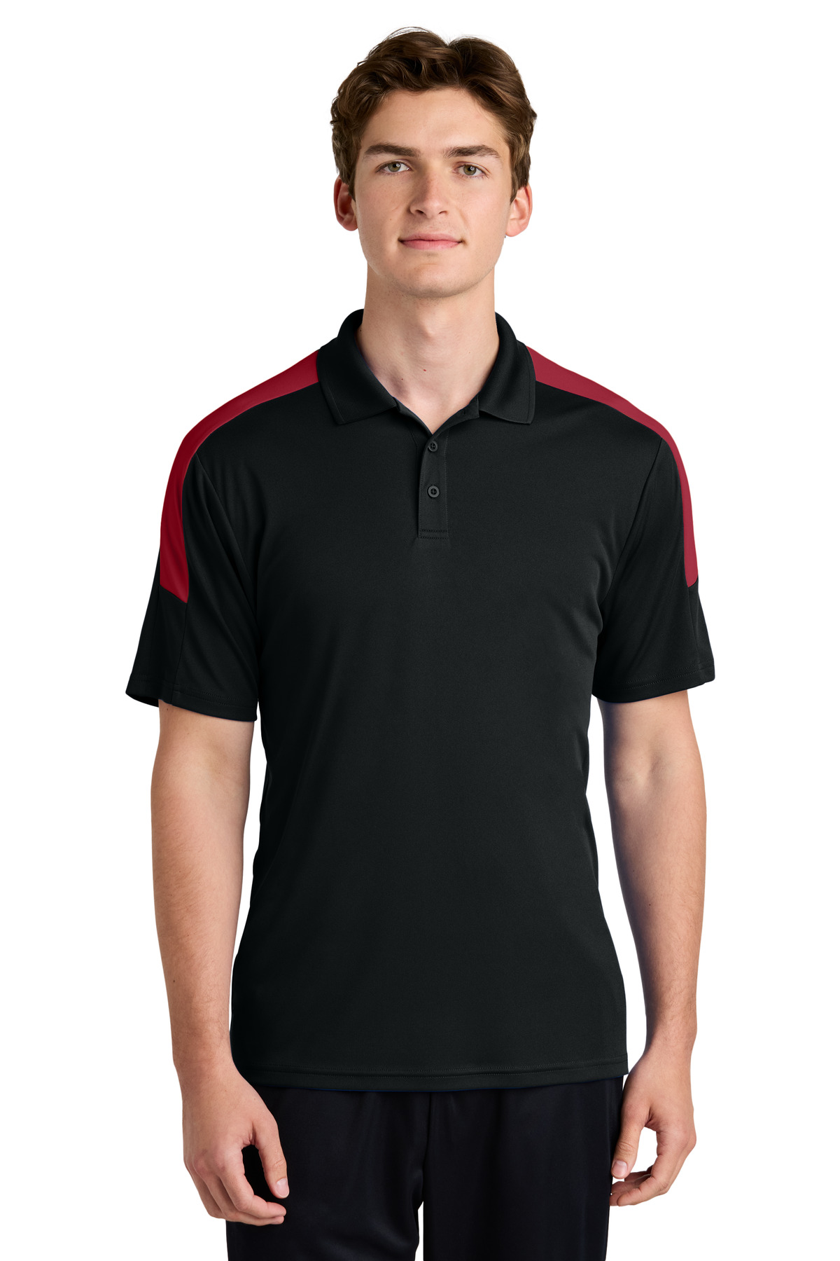 ST104_blackdeepred_model_front.jpg Sport-Tek Competitor ™ United Polo ST104 - Image 1