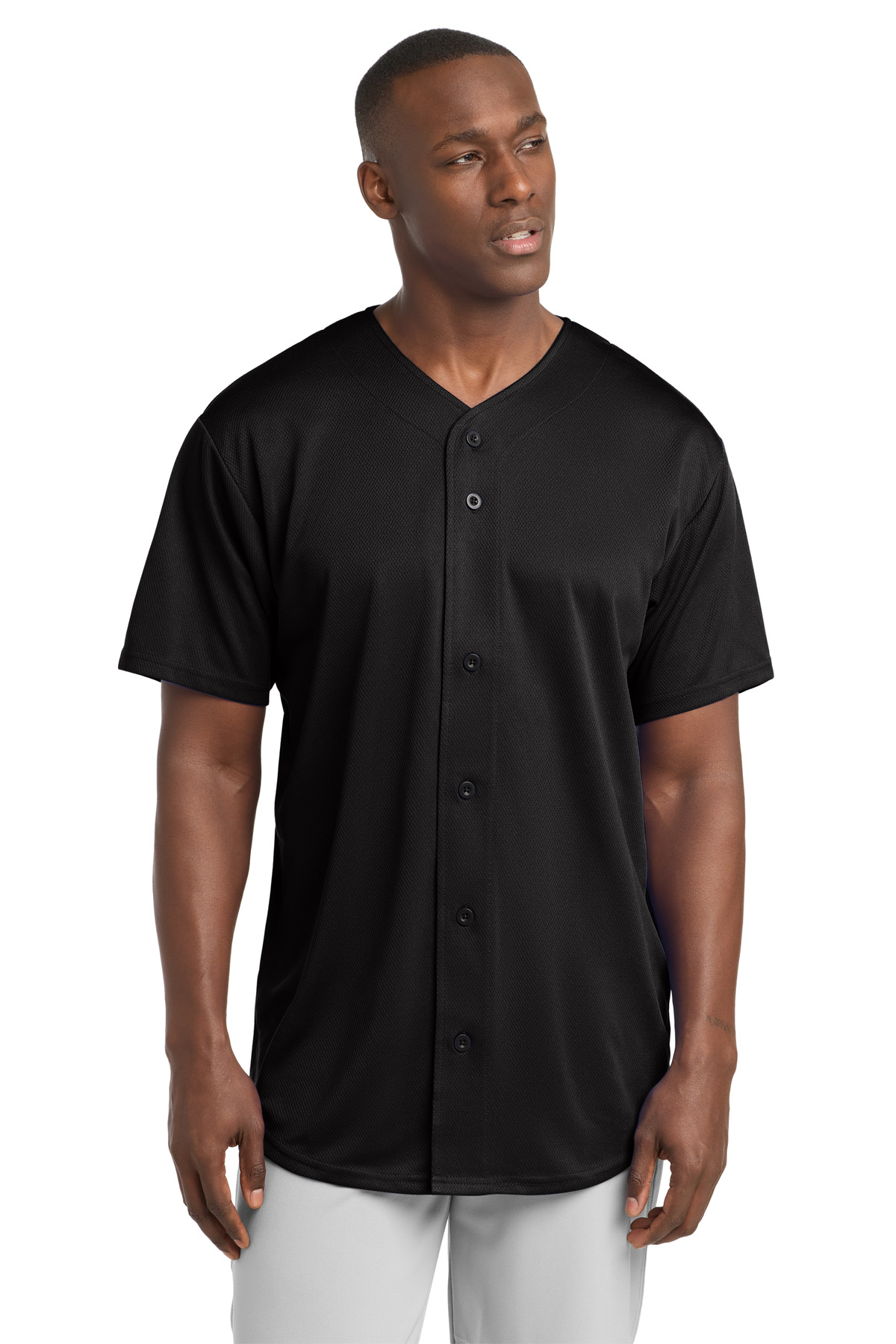 ST220_black_model_front.jpg Sport-Tek PosiCharge Tough Mesh Full-Button Jersey - Image 1