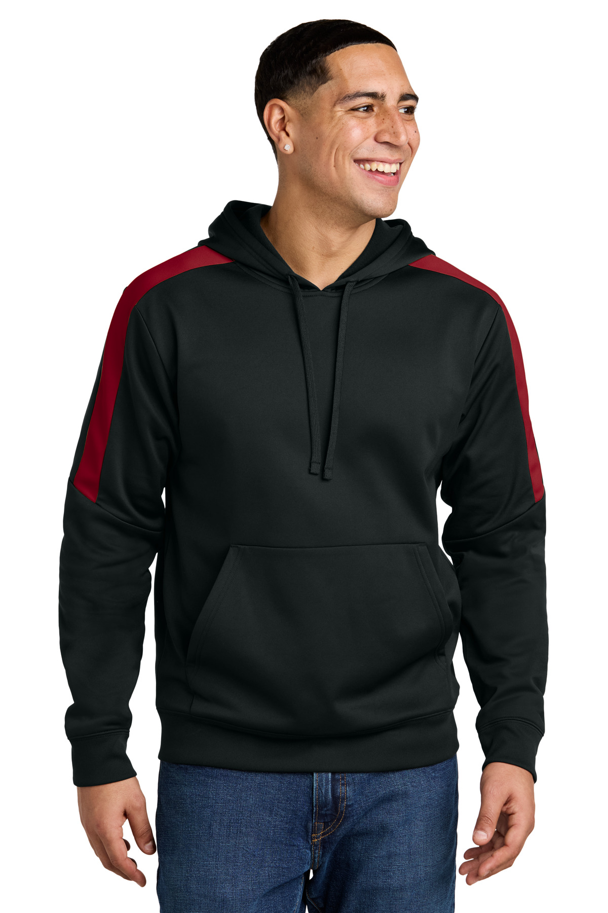 ST255_blackdeepred_model_front.jpg Sport-Tek Sport-Wick Fleece United Pullover Hoodie ST255 - Image 1
