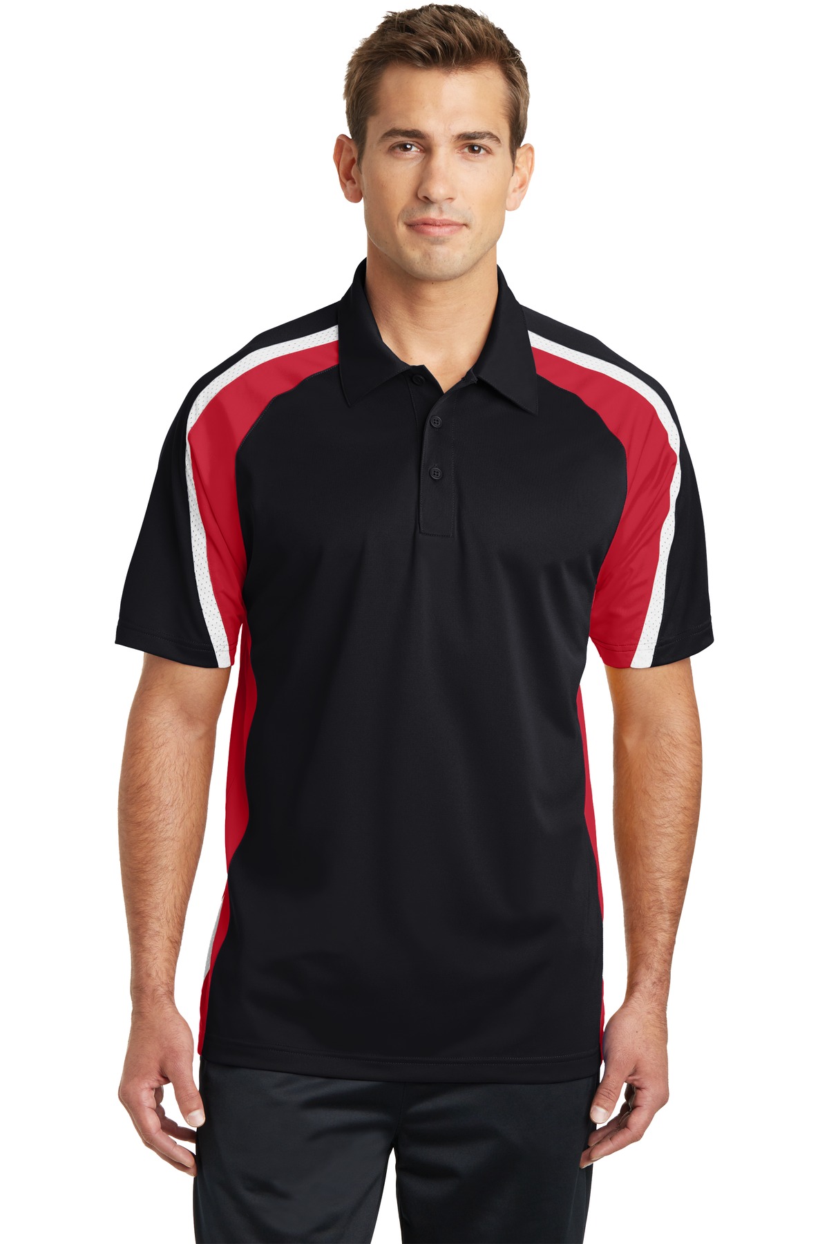 ST654_blacktruered_model_front_022015.jpg Sport-Tek Tricolor Micropique Sport-Wick Polo - Image 1