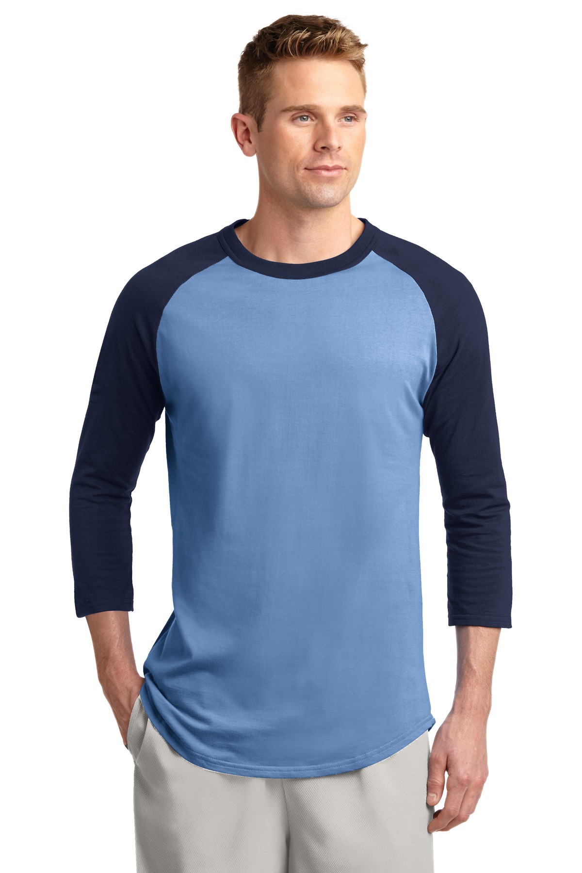 T200_carolinabluenavy_model_front_072014.jpg Sport-Tek Colorblock Raglan Jersey - Image 1