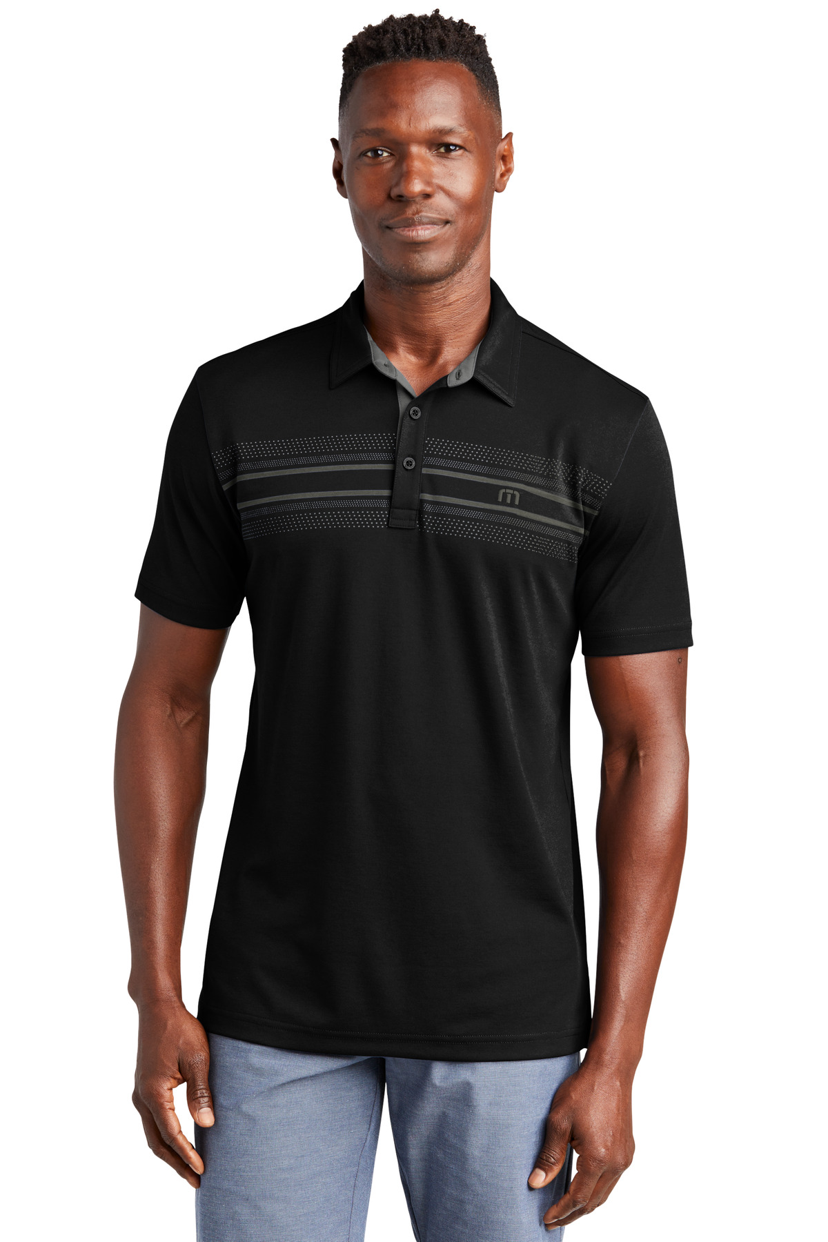 TM1MW450_black_model_front.jpg TravisMathew Monterey Chest Stripe Polo TM1MW450 - Image 1
