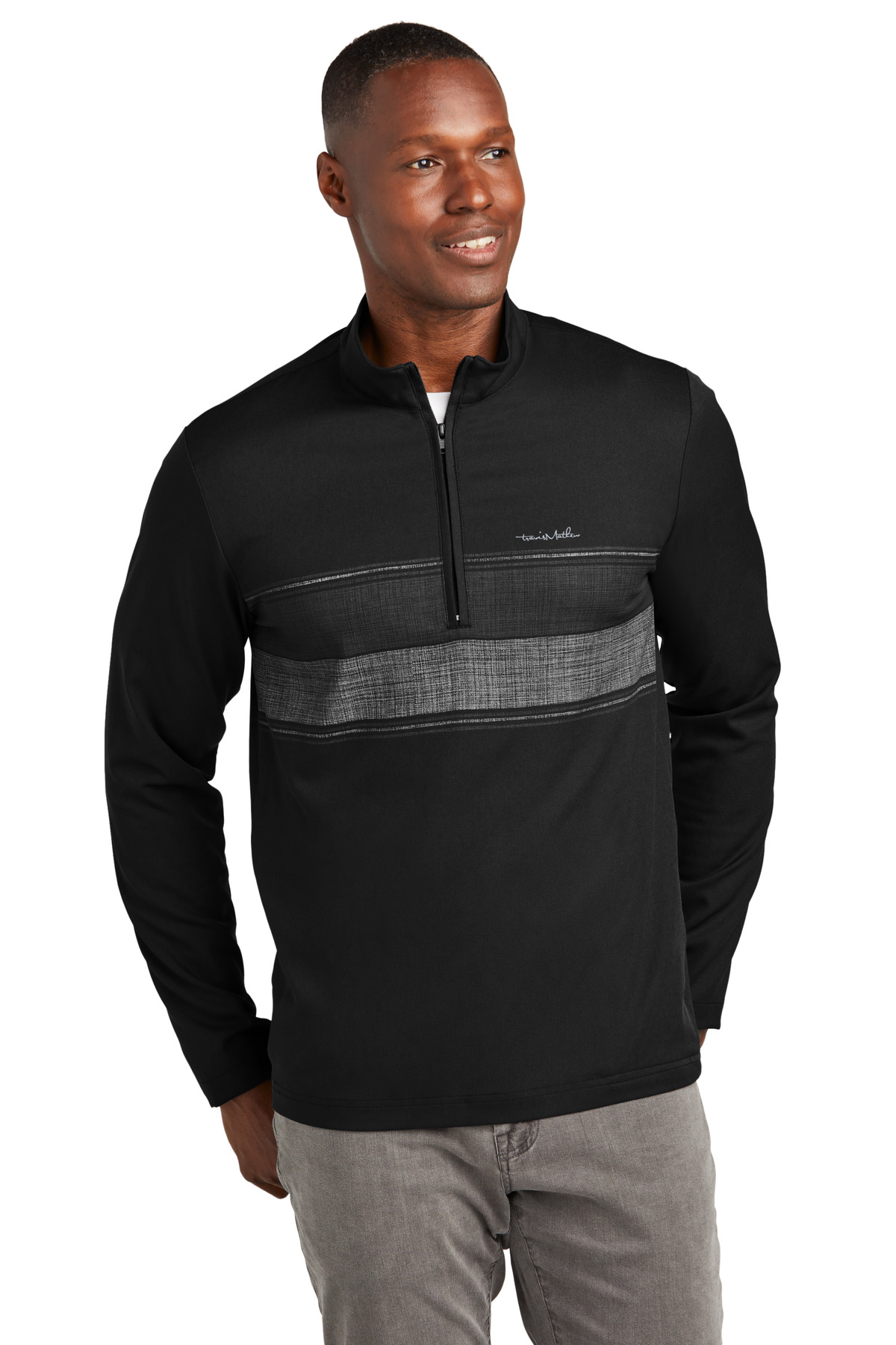TM1MZ340_black_model_front.jpg TravisMathew Balboa Chest Stripe 1/4-Zip TM1MZ340 - Image 1