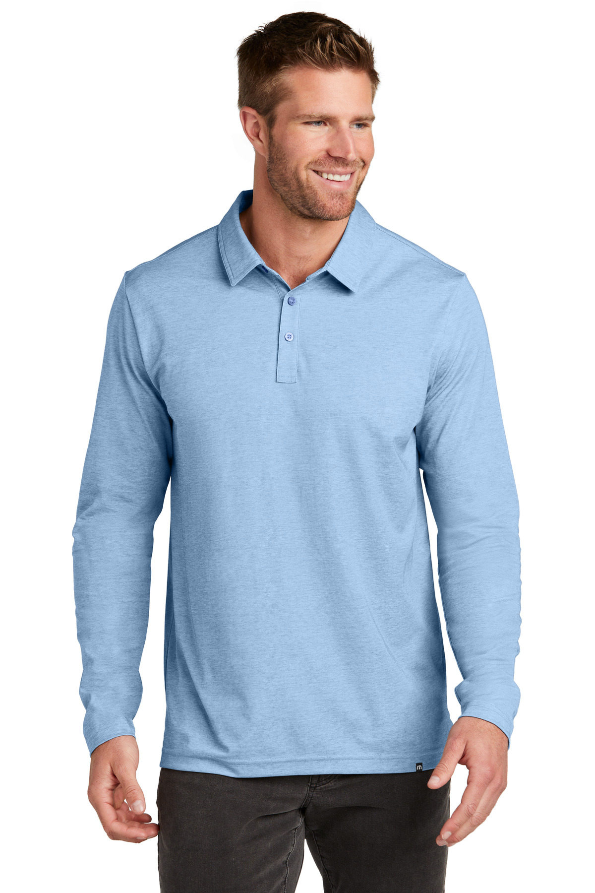 TM1MZ343_allureheather_model_front.jpg TravisMathew Oceanside Heather Long Sleeve Polo TM1MZ343 - Image 1