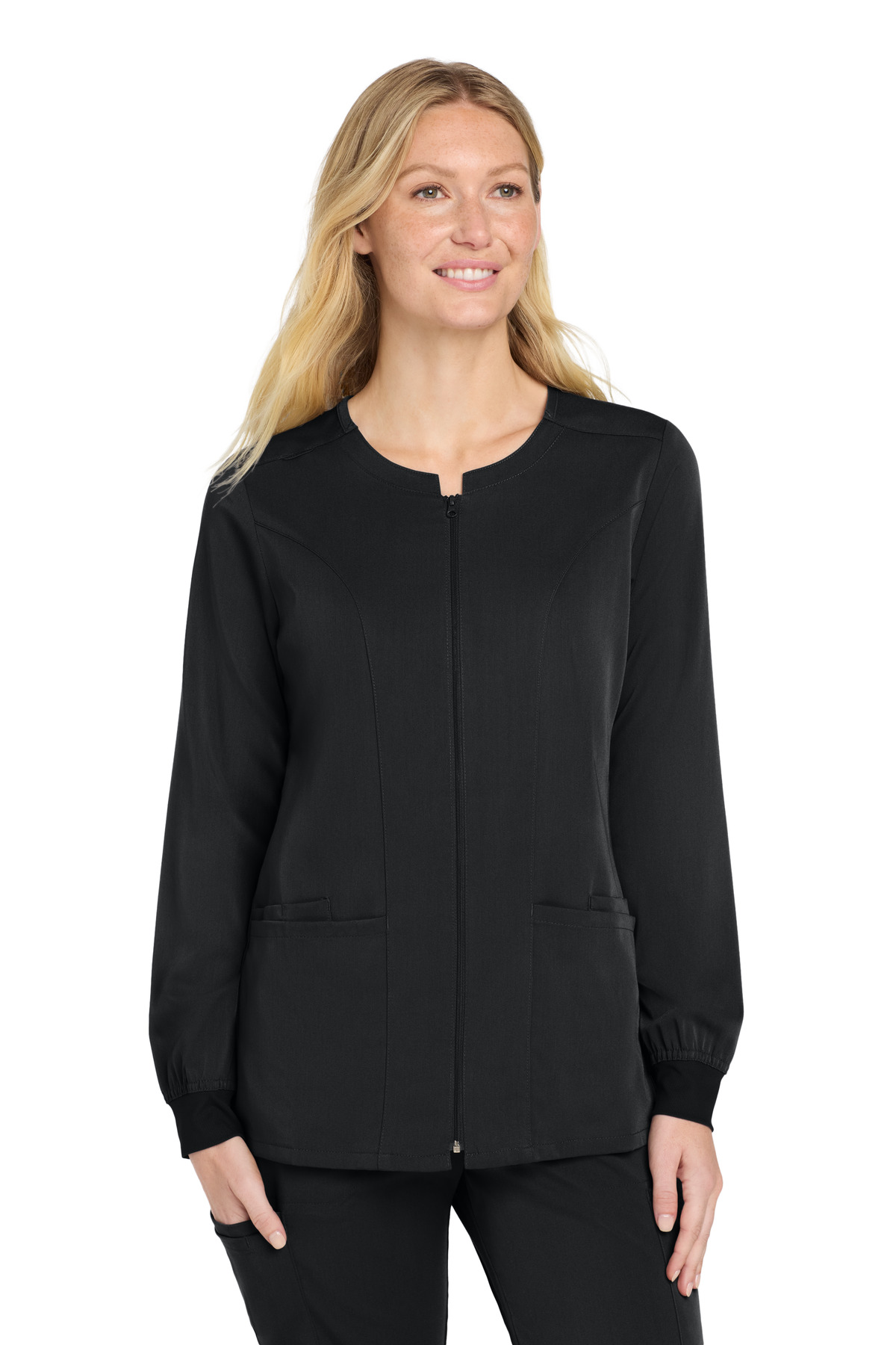WW4088_black_model_front.jpg Wink Women's Premiere Flex ™ Full-Zip Scrub Jacket WW4088 - Image 1