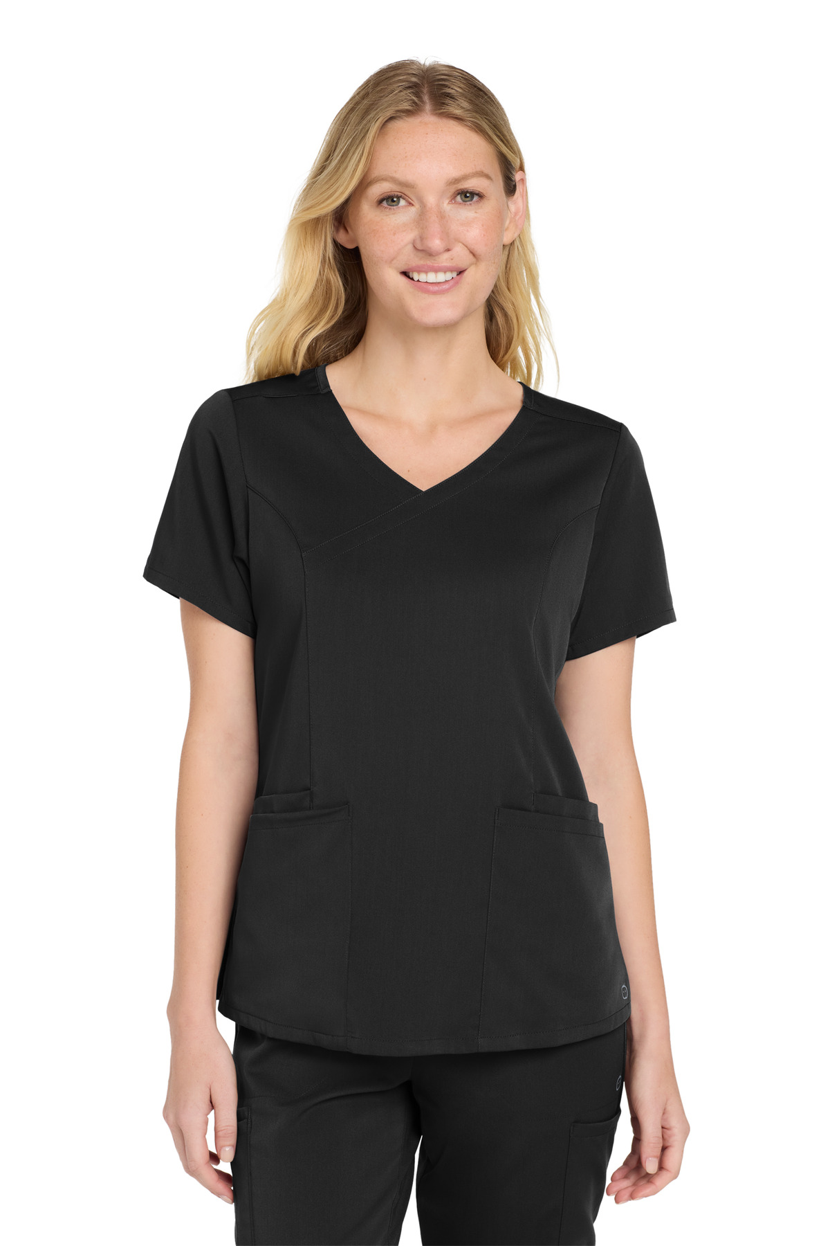 WW4268_black_model_front.jpg Wink Women's Premiere Flex ™ Mock Wrap Top WW4268 - Image 1