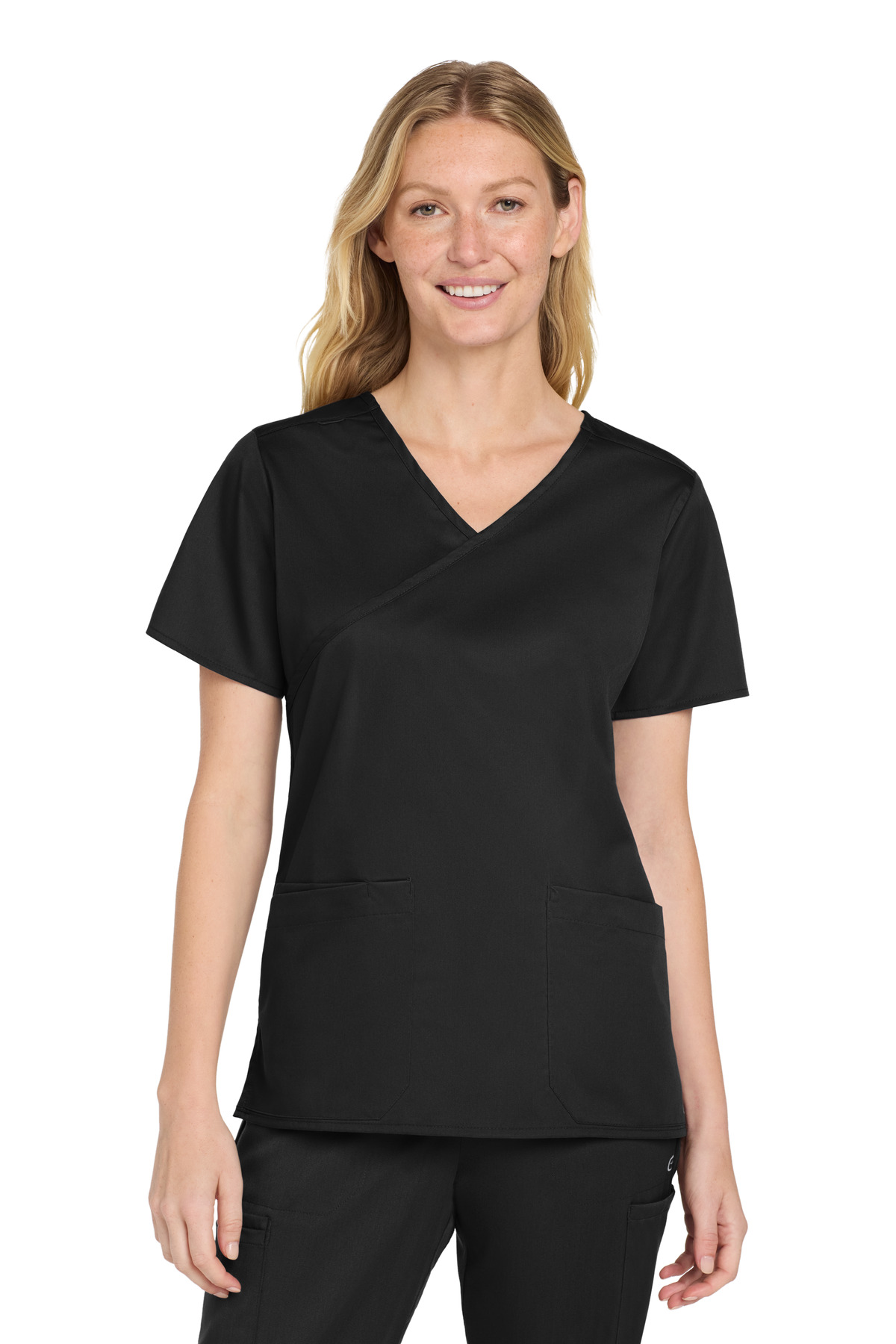 WW4760_black_model_front.jpg Wink Women's WorkFlex ™ Mock Wrap Top WW4760 - Image 1