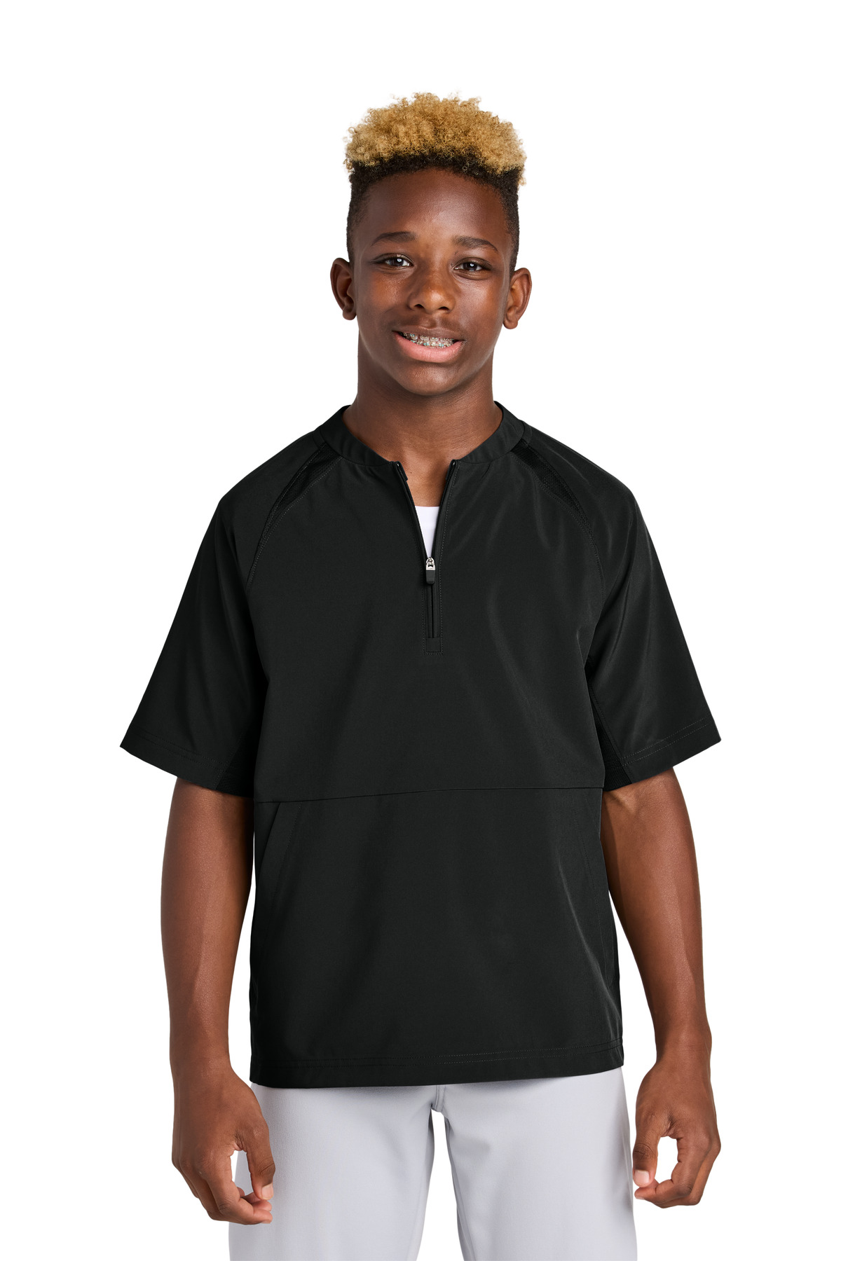 YJST489_black_model_front.jpg Sport-Tek Youth Repeat 1/2-Zip Short Sleeve Jacket YJST489 - Image 1