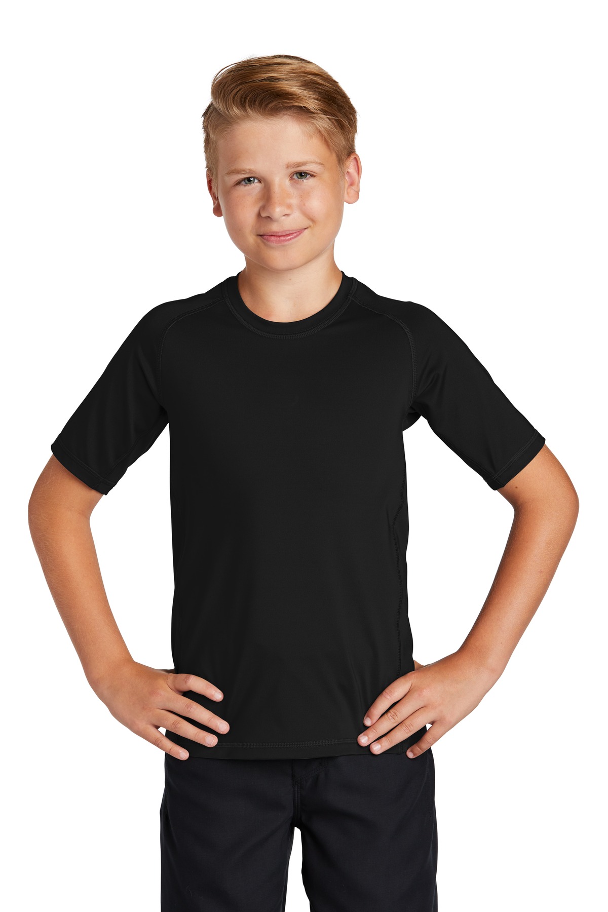 YST470_black_model_front_112019.jpg Sport-Tek Youth Rashguard Tee - Image 1