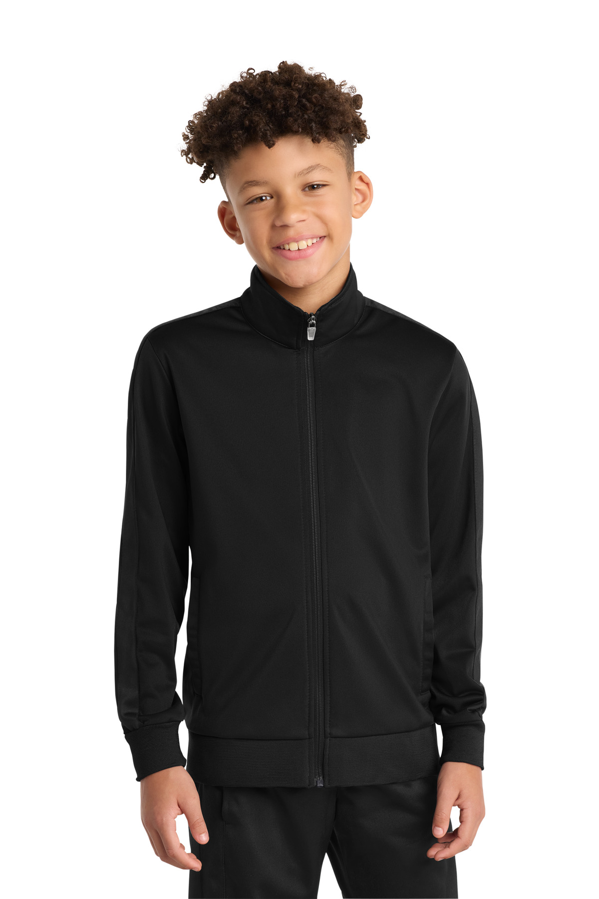 YST94_blackblack_model_front.jpg Sport-Tek Youth Tricot Sleeve Stripe Track Jacket - Image 1